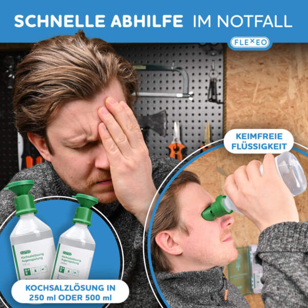 schnelle abhilfe im notfall - Mann benutzt die augenspülflasche