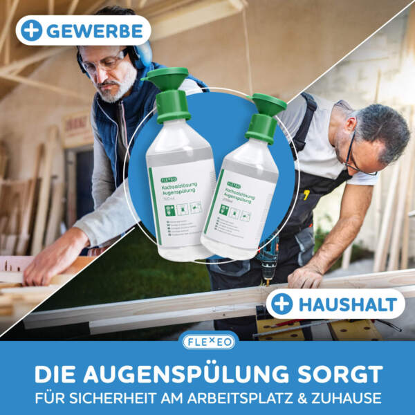 zwei augenspülflaschen - im hintergrund sägen schreiner an einer kreissäge
