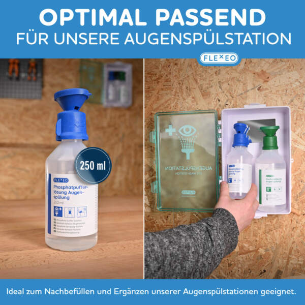 augenspülflasche mit phosphatpufferlösung wird von der augenspülstation herausgenommen