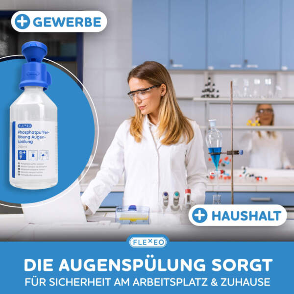 Frau im Labor und im Vordergrund die Augenspülflasche mit Phosphatpufferlösung