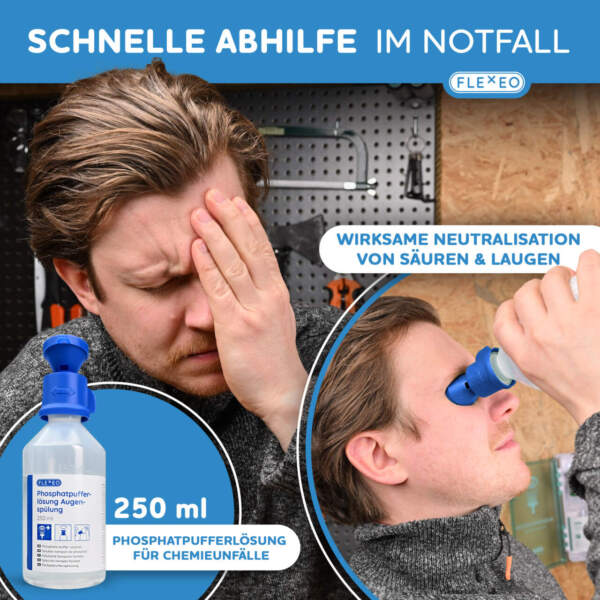 schnelle abhilfe im notfall - Mann benutzt die augenspülflasche mit phospphatpufferlösung