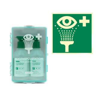 Augenspülstation gefülllt mit zwei Augenspülflaschen und ein grünes Rettungszeichen für die Augenspüleinrichtung