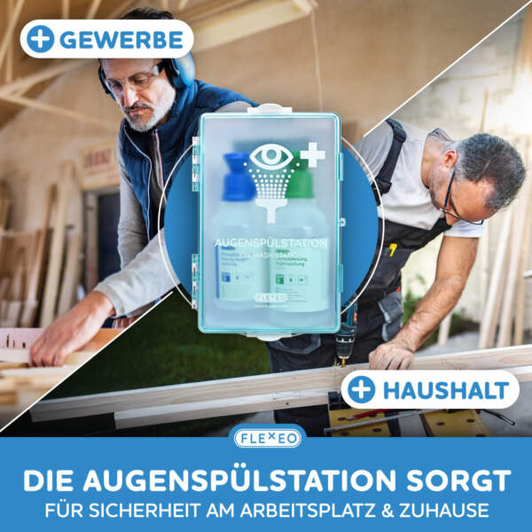 augenspülstation - im hintergrund sägen schreiner an einer kreissäge