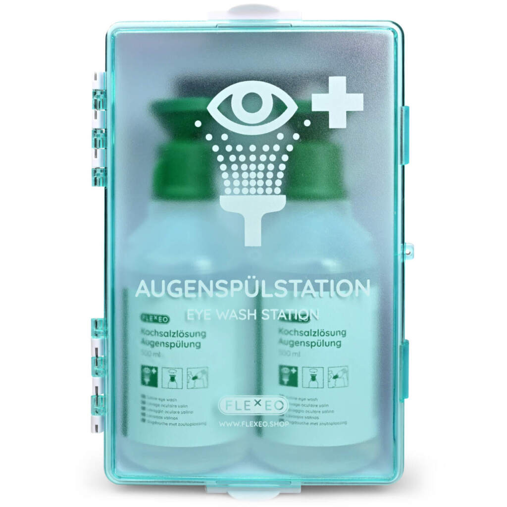 Augenspülstation in wandbox mit kochsalzlösung