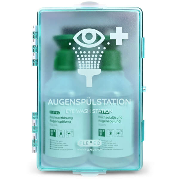 Augenspülstation in wandbox mit kochsalzlösung