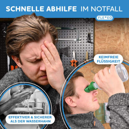 schnelle abhilfe im notfall - Mann benutzt die augenspülflasche