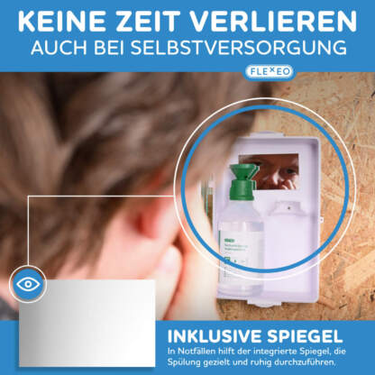 ein mann öffnet die augenspülstation und schaut in den integrierten spiegel