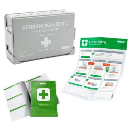 Betriebsverbandkasten Grau, DIN 13157, Komplettpaket Basic, (Sonderpreis wegen verkürztem MHD)