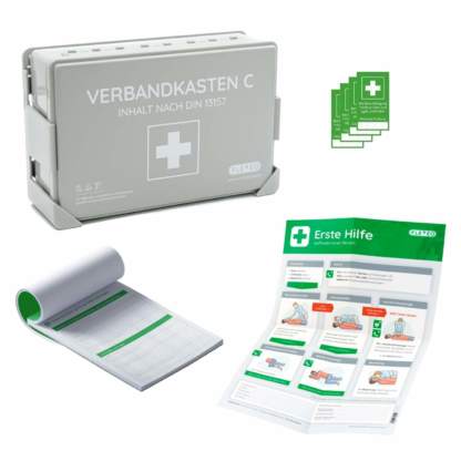 Betriebsverbandkasten DIN 13157 mit Meldeblock, Siegelaufkleber und Erste-Hilfe-Anleitung