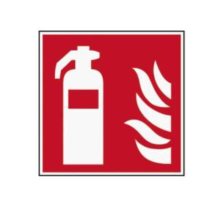 rotes Brandschutzzeichen mit Feuerlöscher und Flamme