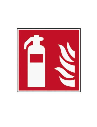 rotes Brandschutzzeichen mit Feuerlöscher und Flamme