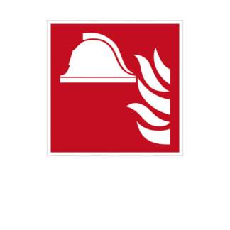 rotes Brandschutzzeichen mit Schutzhelm und Flamme