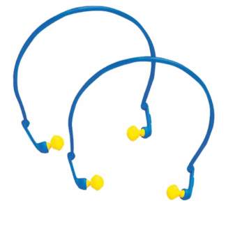 2 Paar Gehörschutzstöpsel mit blauem Bügel und gelben Stöpseln
