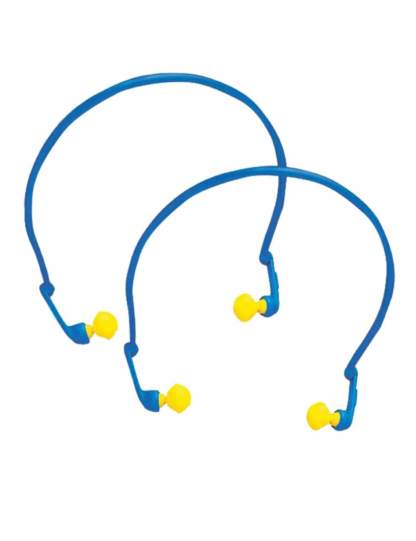 2 Paar Gehörschutzstöpsel mit blauem Bügel und gelben Stöpseln