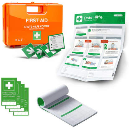 Erste-Hilfe-Koffer DIN 13157 mit Meldeblock, Siegelaufkleber und Erste-Hilfe-Anleitung