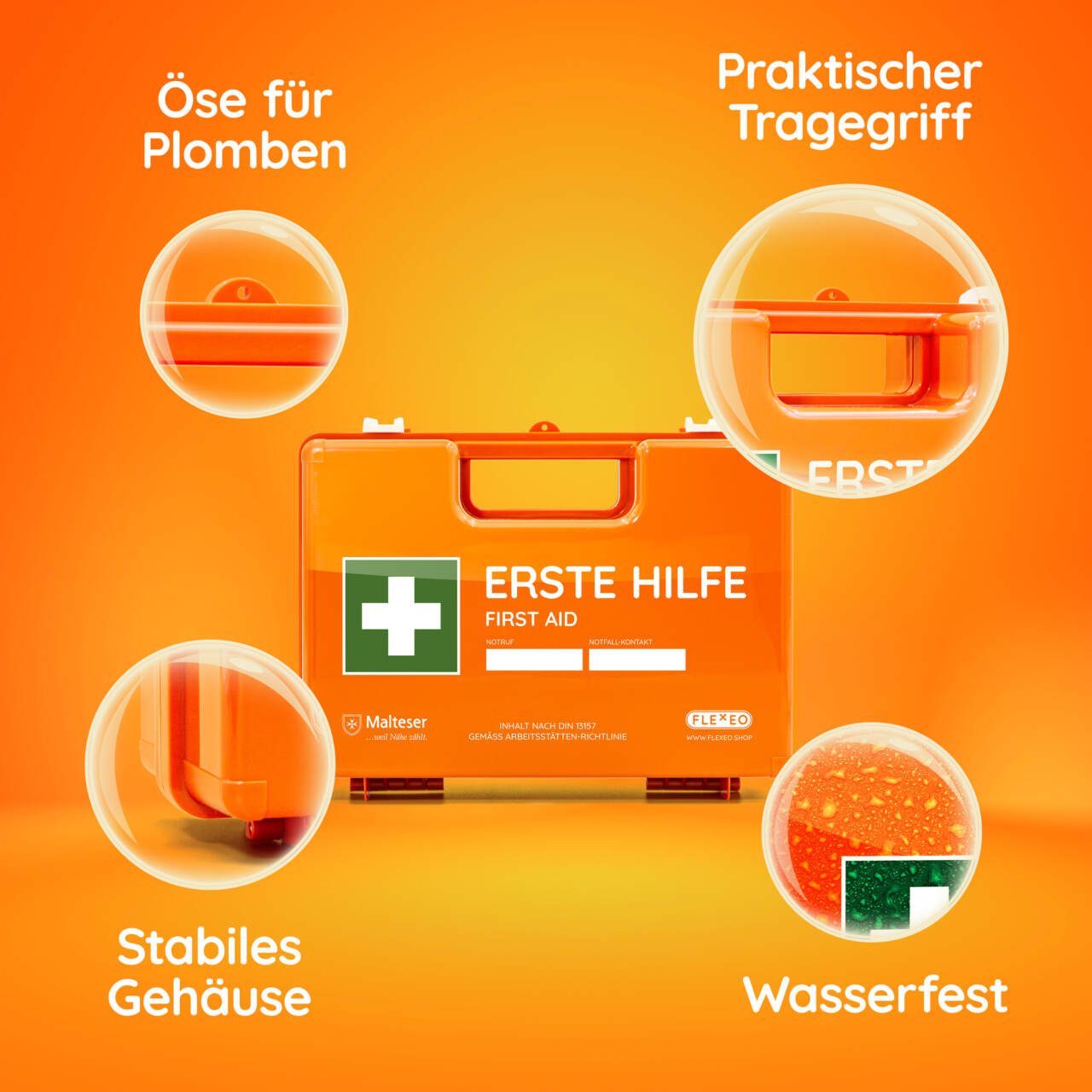 Erste Hilfe Verbandkasten Betrieb MINI + Wandhalterung, orange, DIN  13157:2021 