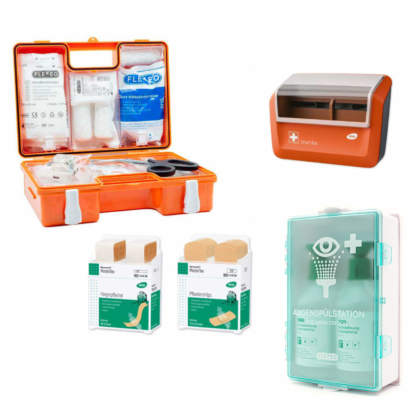 Erste-Hilfe-Koffer DIN 13157 inkl. Augenspülstation, 4 Sticker und Pflasterspender Inhalt