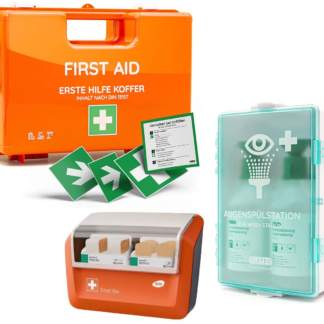 Erste-Hilfe-Koffer DIN 13157 inkl. Augenspülstation, 4 Sticker und Pflasterspender