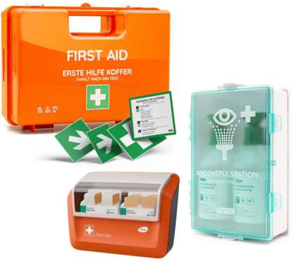 Erste-Hilfe-Koffer DIN 13157 inkl. Augenspülstation, 4 Sticker und Pflasterspender