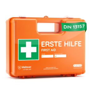 Erste-Hilfe-Koffer DIN 13157, orange, mit Wandhalterung