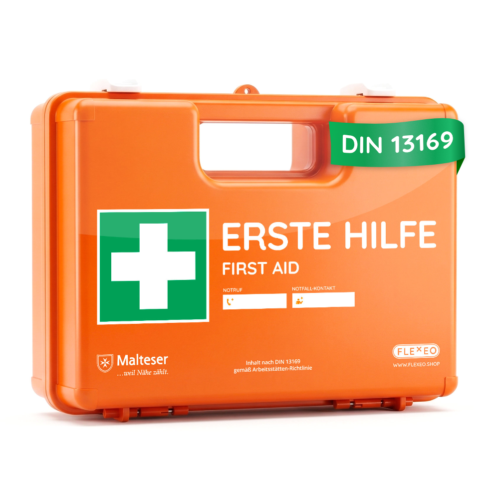 Erste-Hilfe-Koffer DIN 13169, orange, mit Wandhalterung