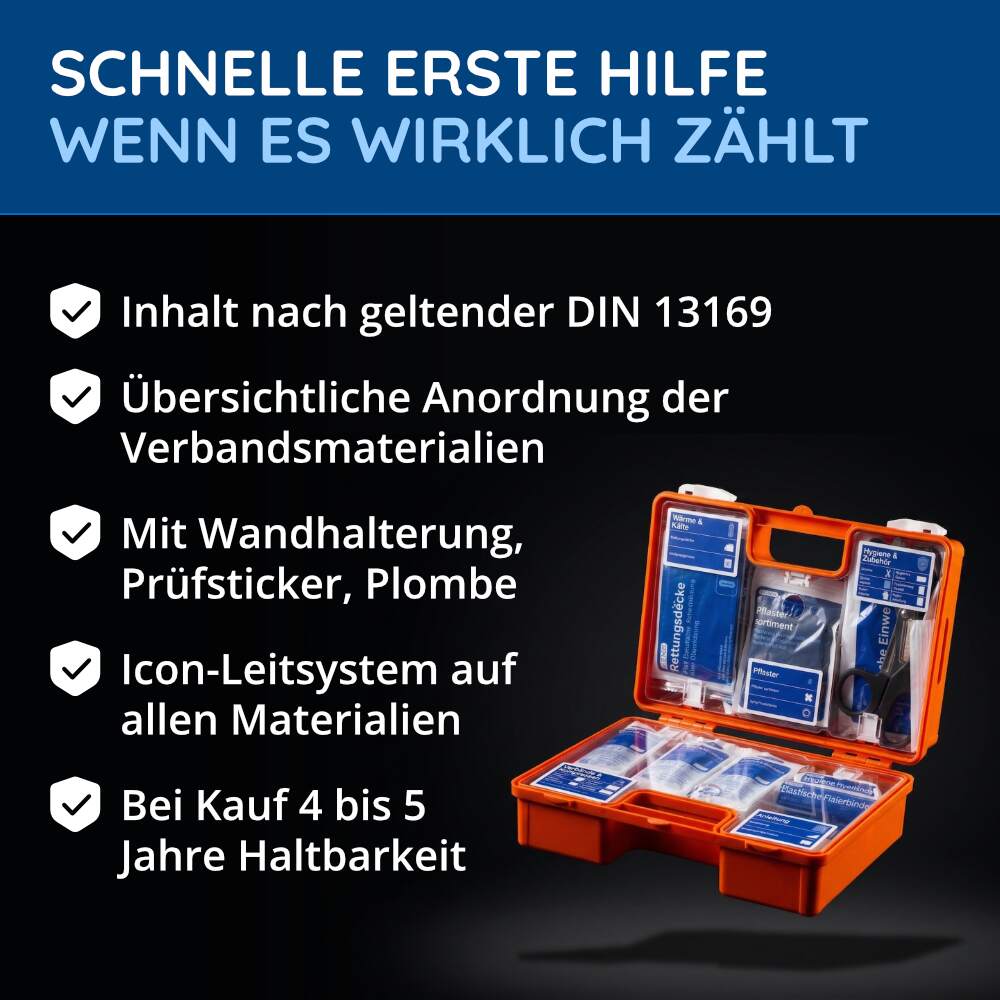 Erste-Hilfe-Koffer DIN 13169, orange, mit Wandhalterung – Bild 2