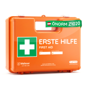 Erste-Hilfe-Koffer ÖNORM Z1020 (2025), orange, mit Wandhalterung