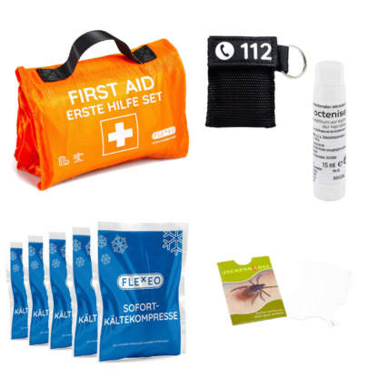 Erste-Hilfe-Rolle Explorer mit Beatmungsmaske, Zeckenkarte, kleine Kältekompressen und Wunddesinfektion