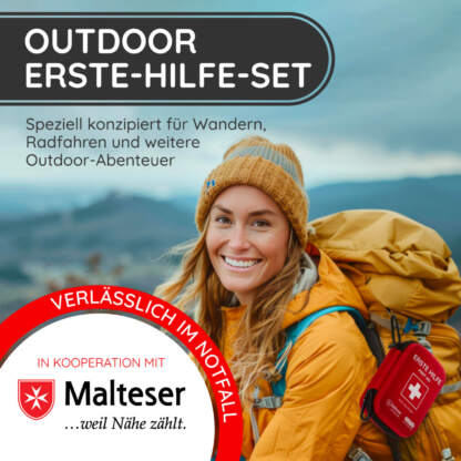 eine wanderin mit unserem erste hilfe set am rucksack, bild ist mit einem badge für die kooperation mit malteser