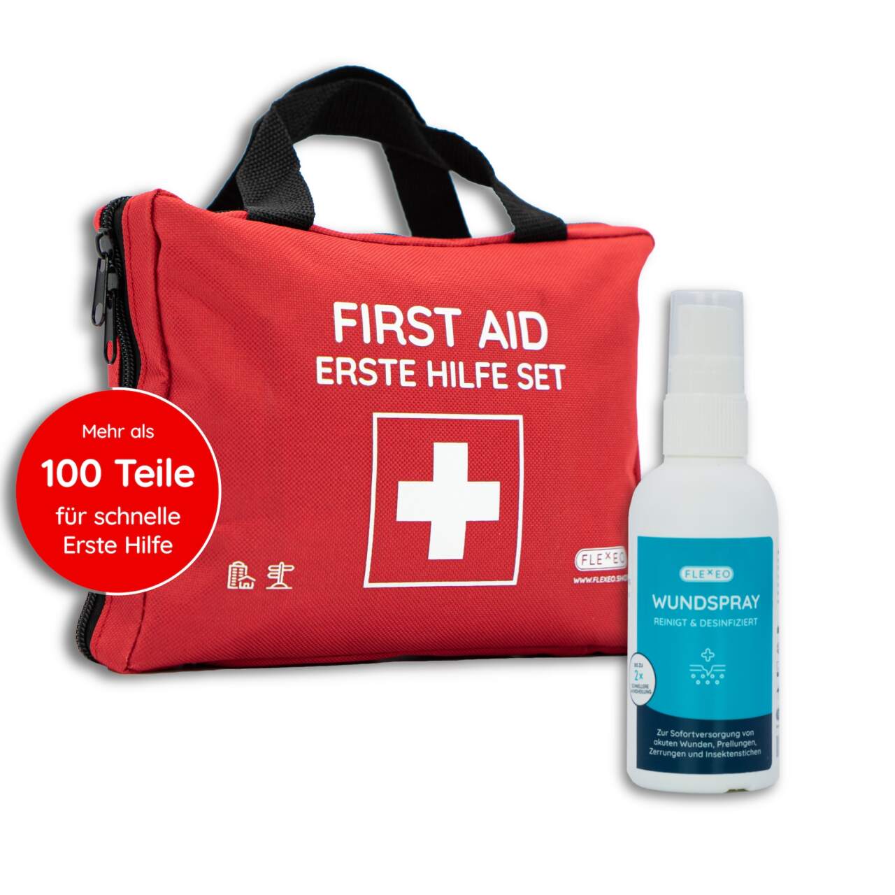 Erste-Hilfe-Tasche Discovery, 103-teilig, rot & Wundspray