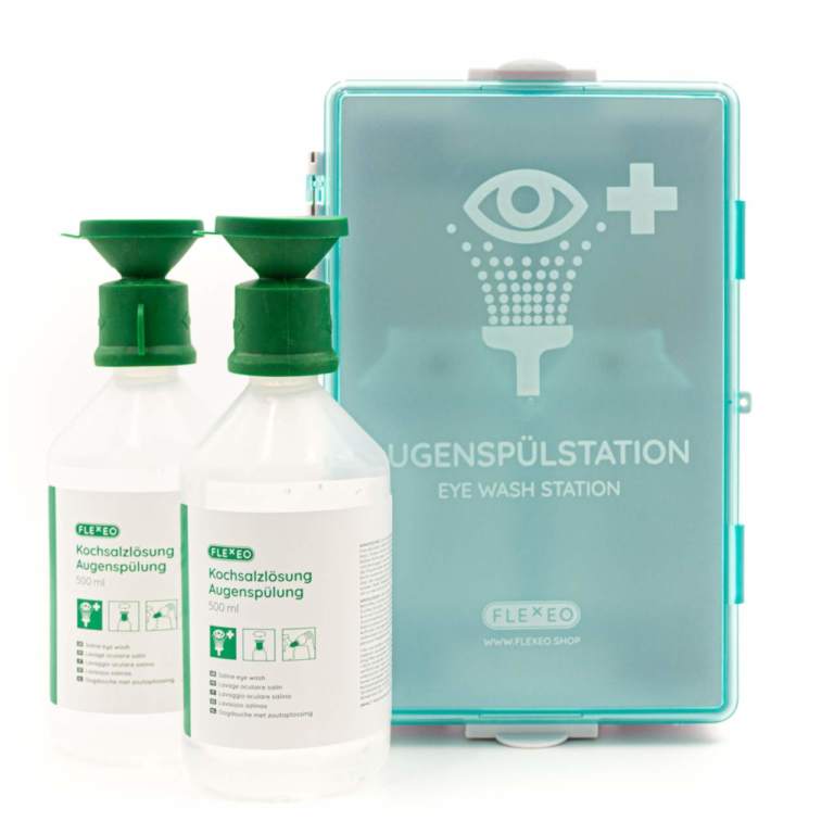 Plum Augenspülstation In Staubgeschützter Wandbox. Mit Zwei Augenspuelflaschen Mit Je 500 Ml Steriler Natriumchloridloesung 0 9