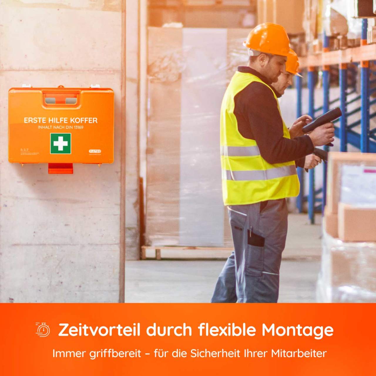 Erste-Hilfe-Koffer DIN 13169 orange mit Wandhalterung  (Betriebsverbandkasten)