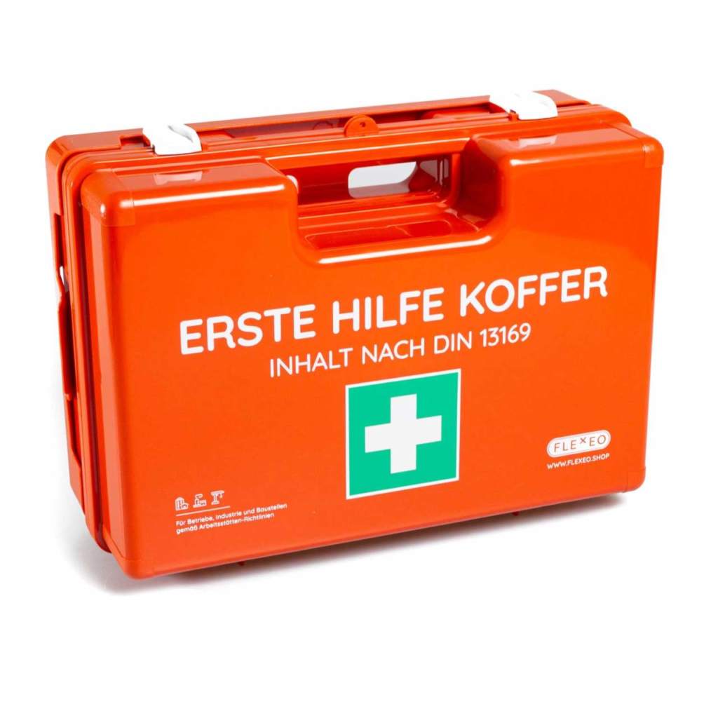 FLEXEO ErsteHilfeKoffer Inhalt nach DIN 13169, orange, mit Wandhalterung FLEXEO