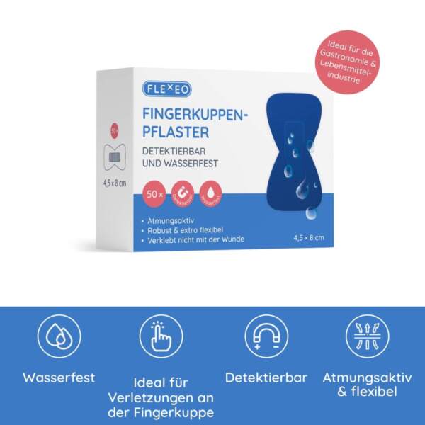 Paket mit Fingerkuppenpflastern mit Produkthinweisen