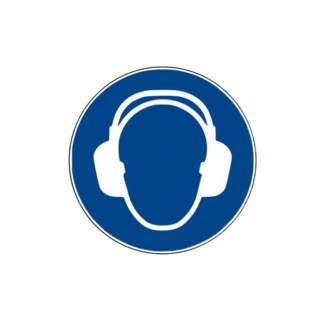 blaues Gebotszeichen mit Hinweis auf Gehörschutz