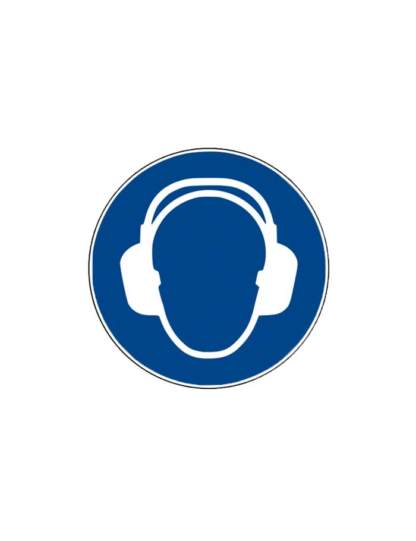 blaues Gebotszeichen mit Hinweis auf Gehörschutz
