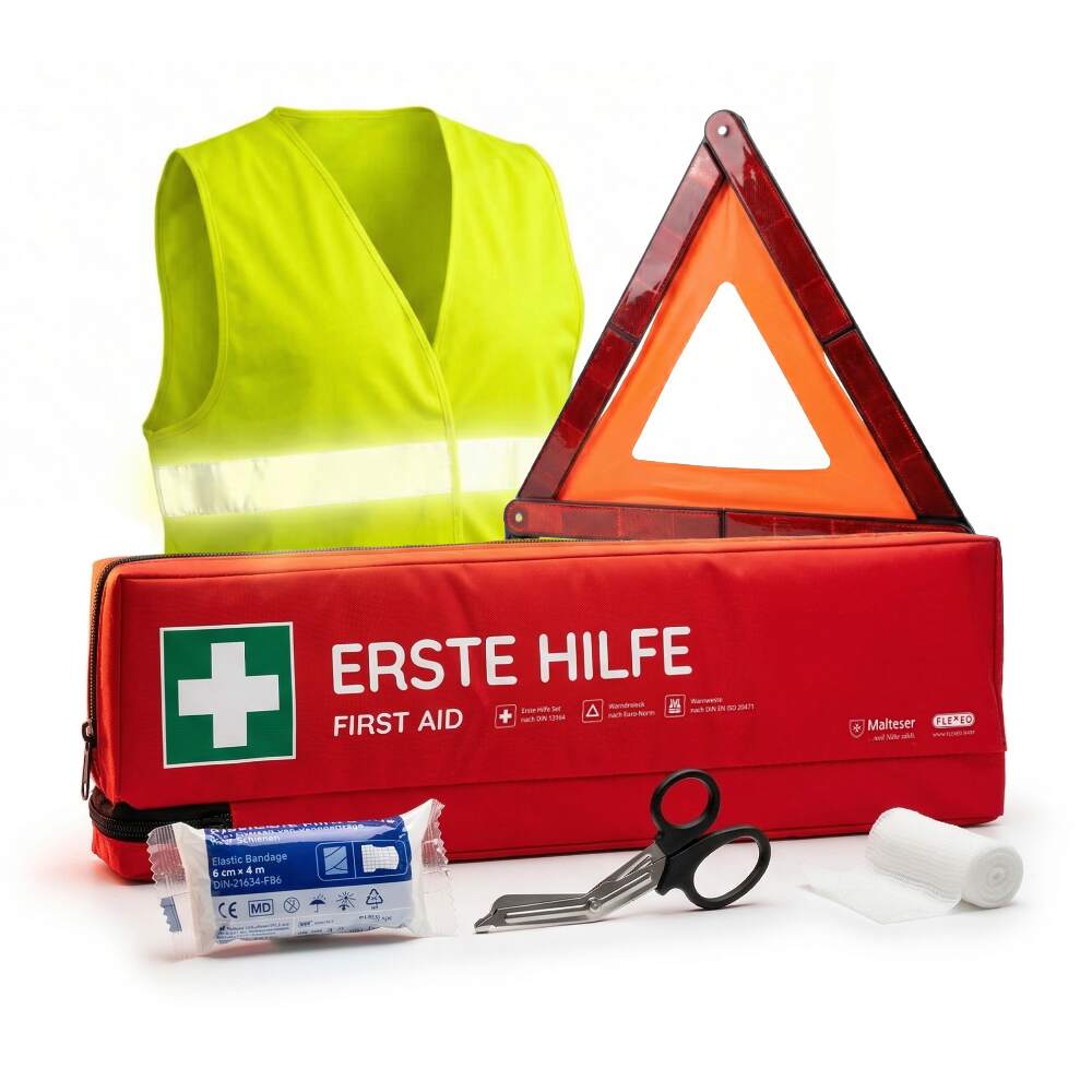 KFZ-Verbandtasche inkl. Warndreieck und Warnweste, rot