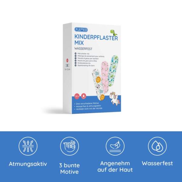 Packung mit bunten Kinderpflastern und Anwendungshinweisen