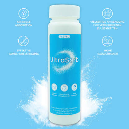 Eine Flasche UltraSorb Kotzpulver vor hellblauem Hintergrund mit den Vorteilen: schnelle Absorbtion, Geruchsminderung, hohe Saugfähigkeit und der breite Anwendungsbereich