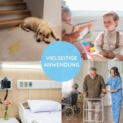 Vier beispielhafte Bilder zur vielseitigen Anwendung: Hund mit einer Urinlaache, Kinder beim lesen m Kindergarten, ein Krankenhauszimmer mit Bett und ein älterer Mann mit einer Gehhilfe und einer Pflegekraft in blauem Kasack, welcher ihn stützt