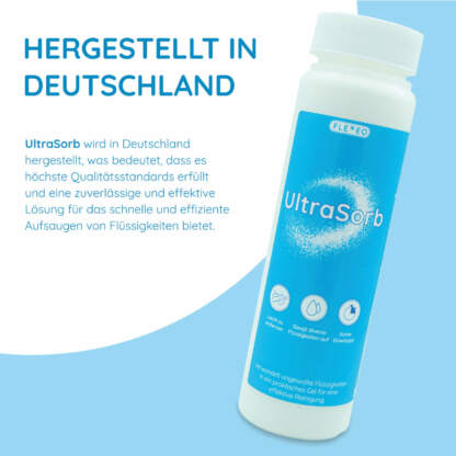 Eine Flasche UltraSorb mit einem Textfeld daneben, der darüber aufklärt, dass das Kotzpulver MADE IN GERMANY ist und daher eine herausragende Qualität aufweist.