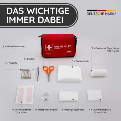 alle inhaltsteile des mini erste hilfe sets sind ausgepackt und aufgezeigt mit stück anzahl