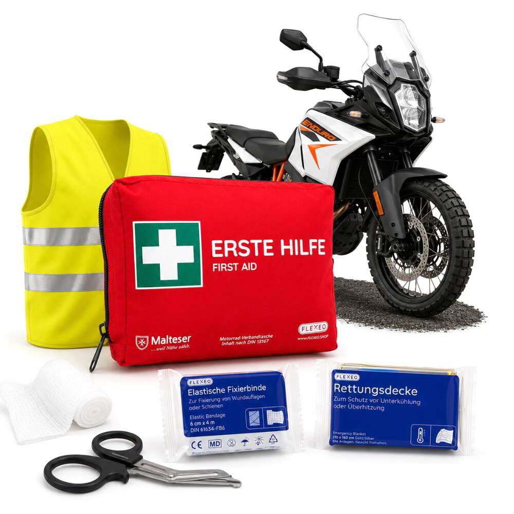Motorrad Erste Hilfe Tasche nach DIN 13167, mit Warnweste, rot