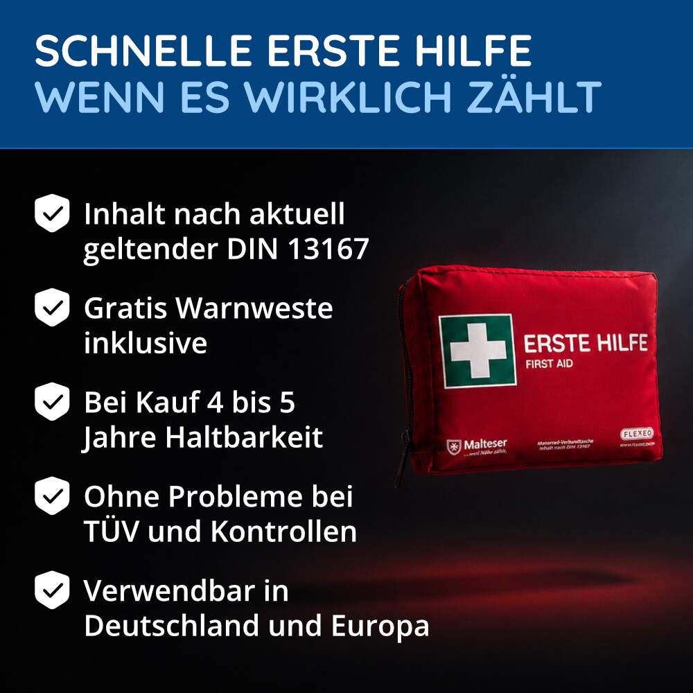 Motorrad Erste Hilfe Tasche nach DIN 13167, mit Warnweste, rot – Bild 2