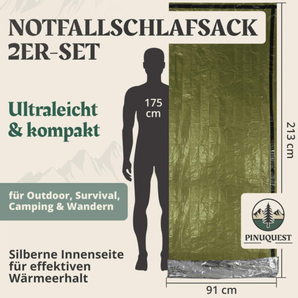 Ultraleichter und kompakter Notfallschlafsack mit silberner Innenseite für Wärmeerhalt