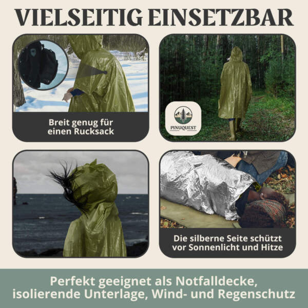 Einsetzbar als Notfalldecke, isolierende Unterlage oder Wind- und Regenschutz
