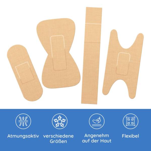 Enthaltene Pflasterformen in beige, wasserfest mit Produkthinweisen