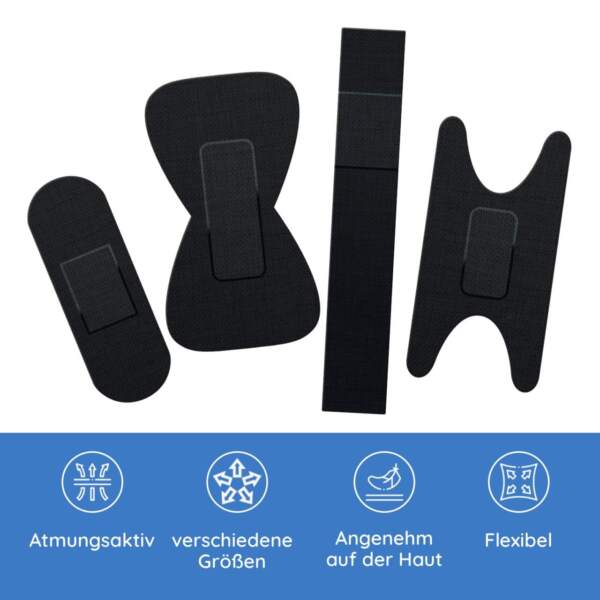 Enthaltene Pflasterformen in schwarz, textil mit Produkthinweisen
