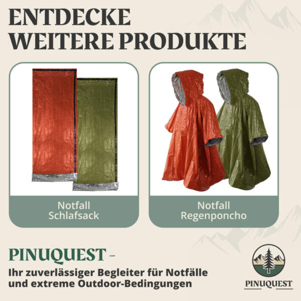 Weitere Pinuquest Produkte - Notfall-Schlafsack und Notfall-Regenponcho