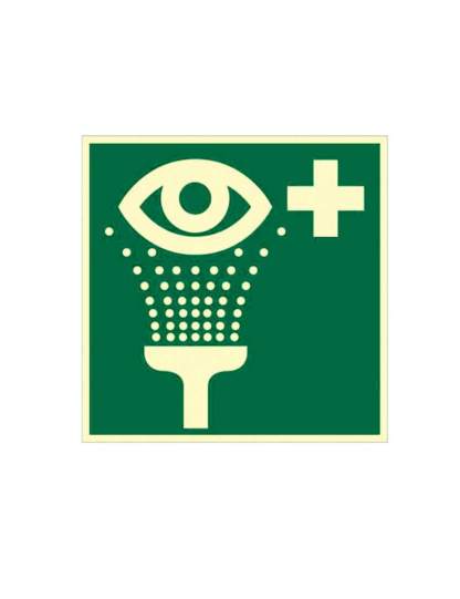 grünes Rettungszeichen mit Hinweis auf Augenspüleinrichtung